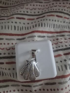 Sterling Silver Shell Pendant Charm - Sparkling Crystal Accent